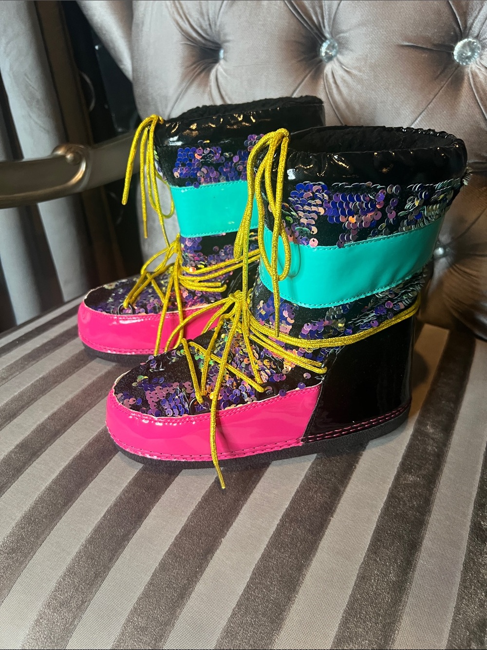 Cape Robbin Sequin Neon Pink Teal Black Winter Rain Boots